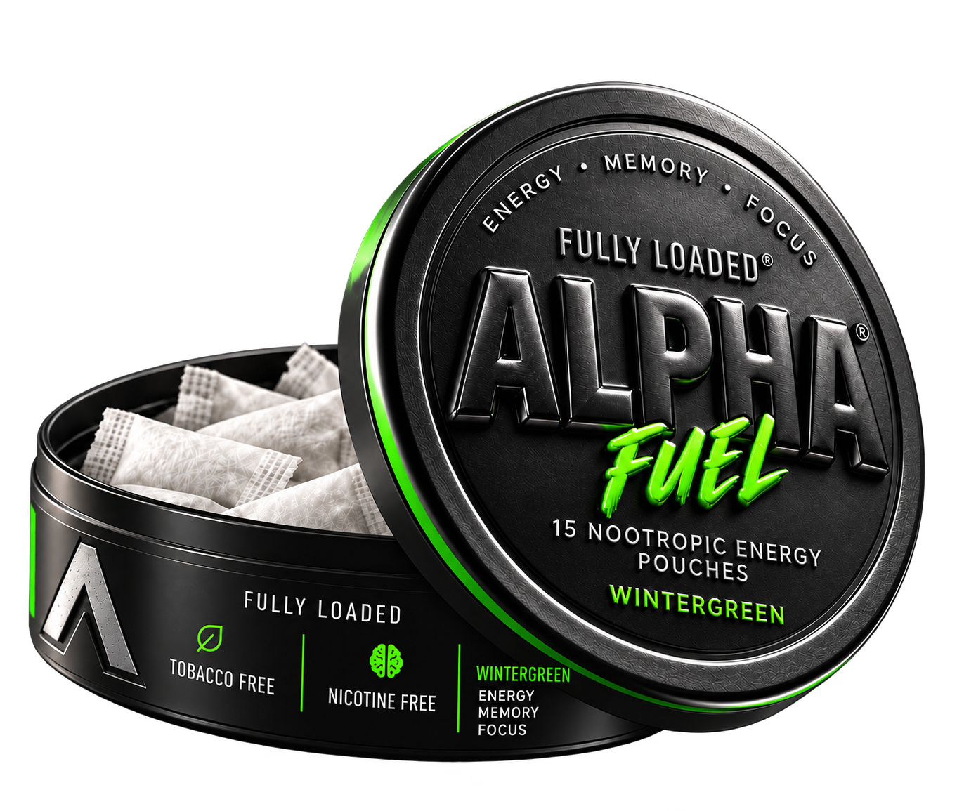 Illustrative Fully Loaded ALPHA FUEL Wintergreen pouch tin concept with embossed cap